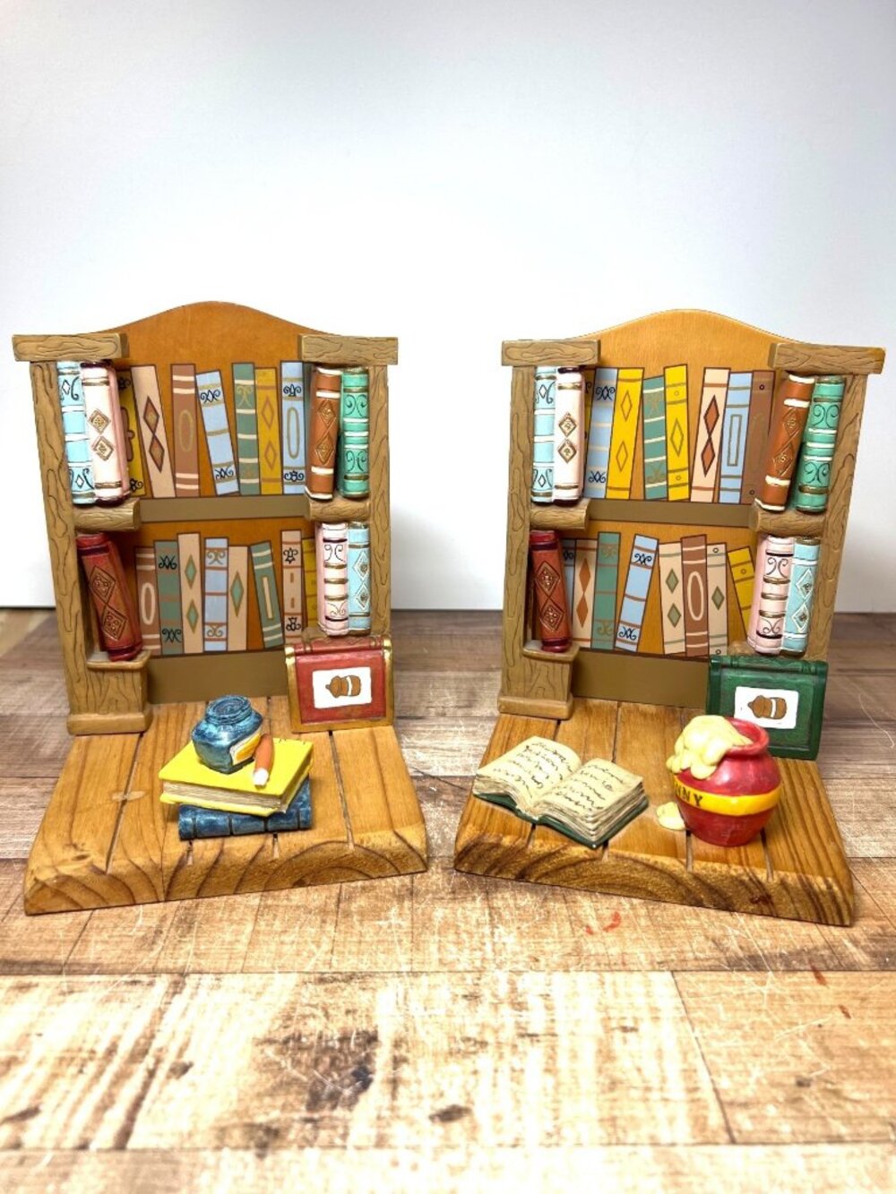Handcrafted Wood Resin Bookend Set With Painted Books & Accessories